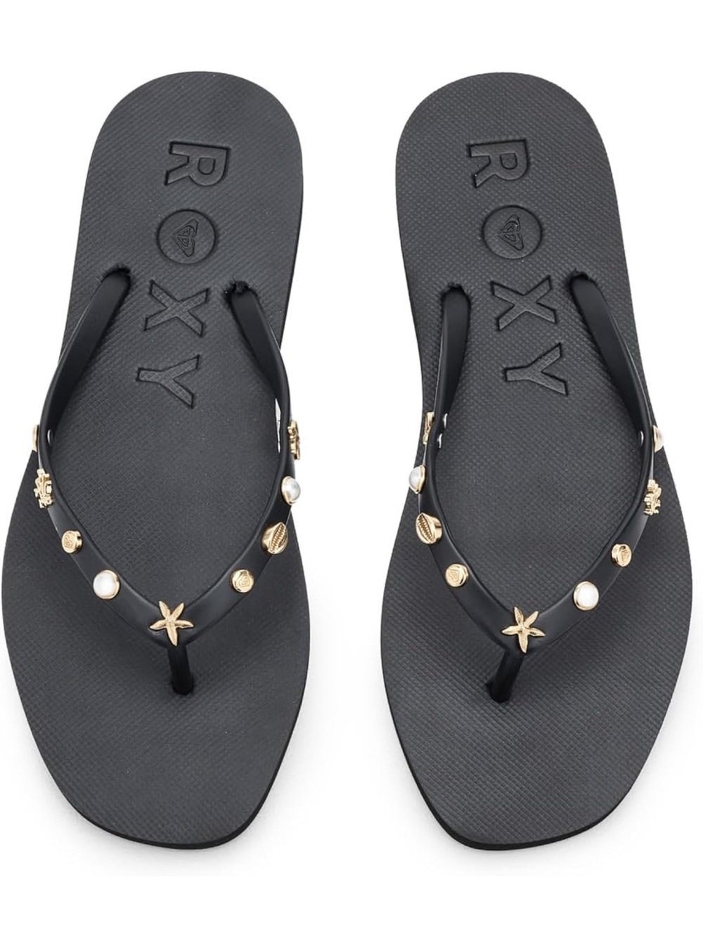 Roxy Black Embellished Pearl Starfish Flip Flops
